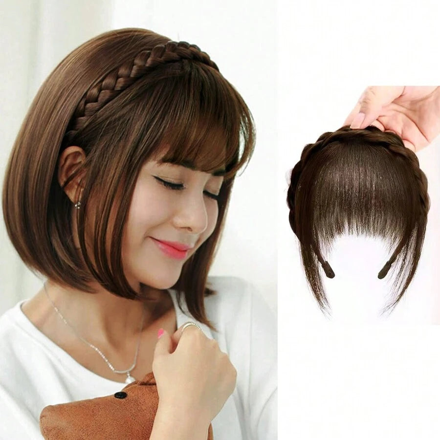 Diadema con flequillo castaño de cabello sintético - Disimula la calvicie fácilmente💥 HOY 50% DCTO
