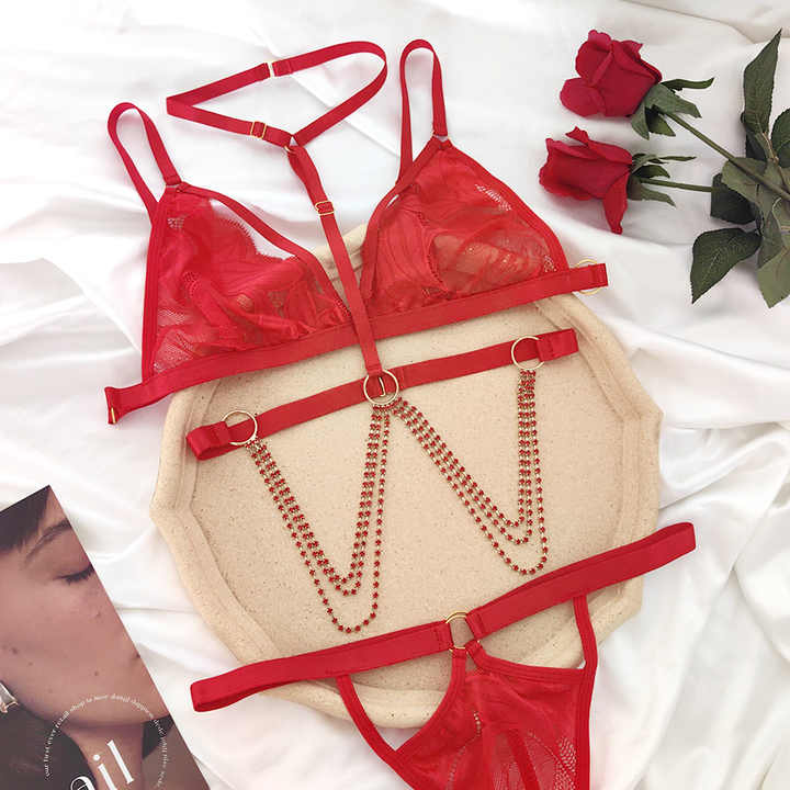 Seduction® Conjunto de lencería rojo ajustable con sujetador, tanga y cadenas 🔥HOY 50% DCTO